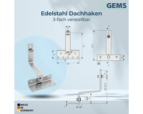 Edelstahl Dachhaken, dreifach verstellbar, mit Maßangaben und Herkunftssiegel Made in Germany.