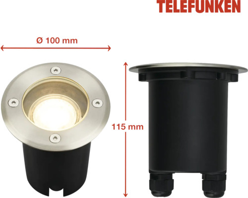 Telefunken Bodeneinbaustrahler mit den Maßen 100 mm Durchmesser und 115 mm Höhe.
