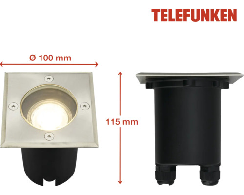 Abmessungen einer Telefunken Bodeneinbauleuchte mit 100 Millimeter Durchmesser und 115 Millimeter Höhe