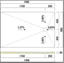 Technische Zeichnung einer Duschwanne mit Maßangaben