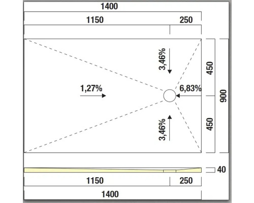 Technische Zeichnung einer Duschwanne mit Maßangaben