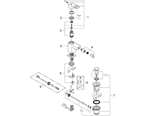 Explosionszeichnung einer Armatur mit Einzelteilen