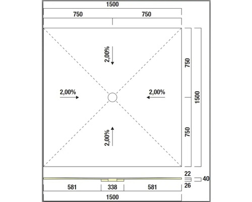 Technische Zeichnung einer Duschwanne mit Maßangaben
