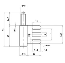 Technische Zeichnung eines Befestigungselements mit Maßangaben