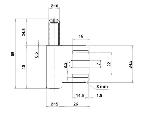 Technische Zeichnung eines Befestigungselements mit Maßangaben