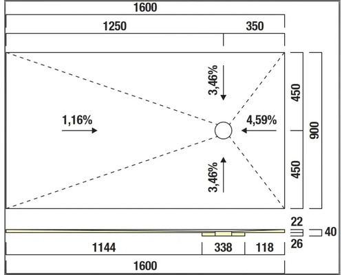 Technische Zeichnung einer Duschwanne mit Maßangaben