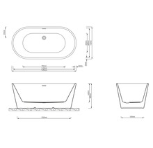 Technische Zeichnung einer freistehenden Badewanne mit Maßangaben