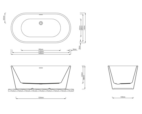 Technische Zeichnung einer freistehenden Badewanne mit Maßangaben