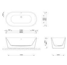 Technische Zeichnung einer freistehenden Badewanne mit Maßangaben