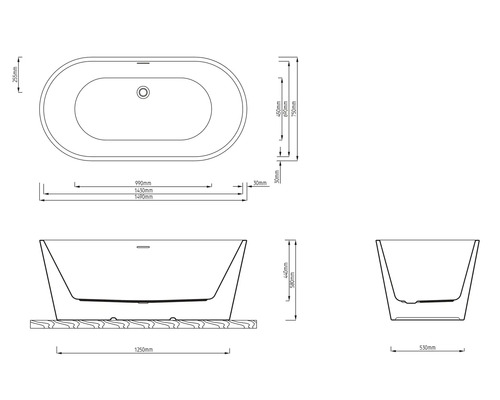 Technische Zeichnung einer freistehenden Badewanne mit Maßangaben