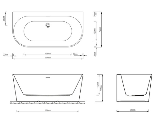 Technische Zeichnung einer Badewanne mit Maßangaben
