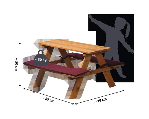 Kindersitzgruppe aus Holz mit Kissen und Maßangaben
