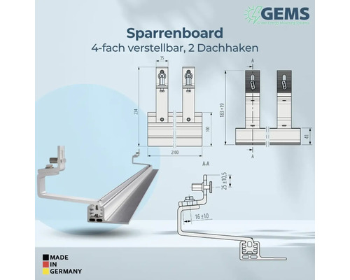 Sparrenboard, vierfach verstellbar, mit zwei Dachhaken und technischen Zeichnungen