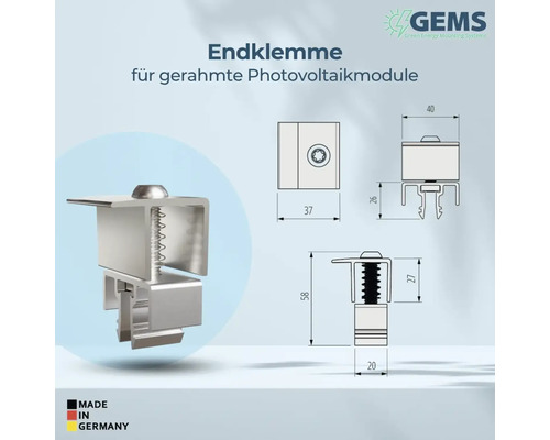Endklemme für gerahmte Photovoltaikmodule mit Maßangaben und Made in Germany Kennzeichen