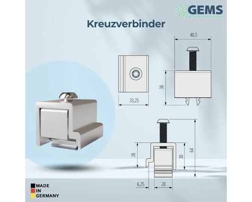 Kreuzverbinder mit Maßangaben und Made in Germany Kennzeichnung