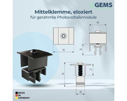 Mittelklemme für gerahmte Photovoltaikmodule mit Maßangaben und Made in Germany Kennzeichnung