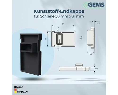 Kunststoff Endkappe für Schiene 50 mm x 31 mm