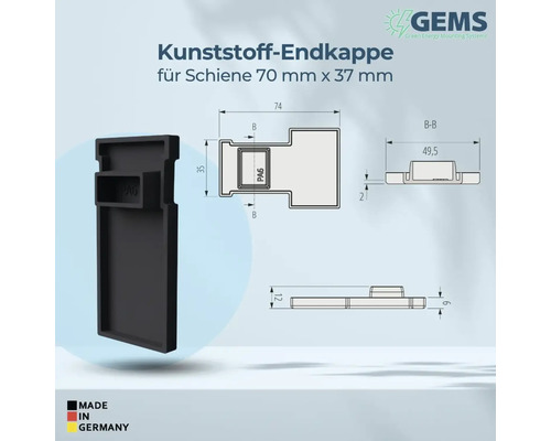 Kunststoff Endkappe für Schiene 70 mm x 37 mm