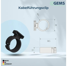 Kabelführungsclip mit Maßangaben und Made in Germany Siegel