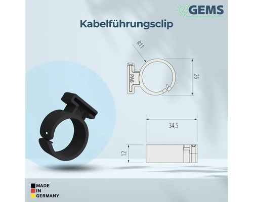 Kabelführungsclip mit Maßangaben und Made in Germany Siegel