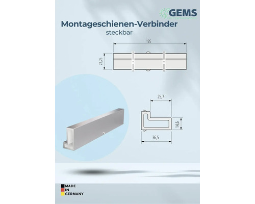 Montageschienenverbinder mit Maßangaben