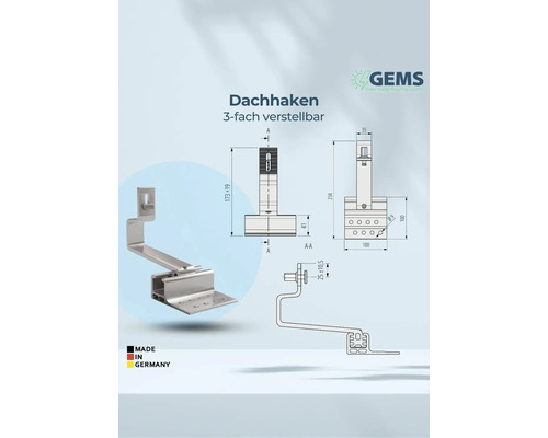 Dachhaken, dreifach verstellbar mit Maßangaben