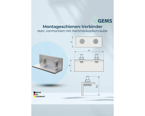 Montageschienenverbinder, starr, vormontiert mit Hammerkopfschraube und Maßangaben