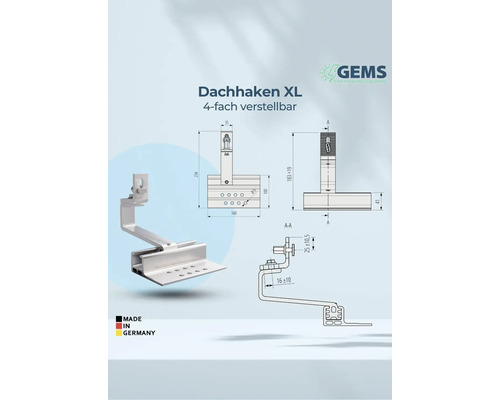 Dachhaken XL, 4-fach verstellbar, mit Maßangaben