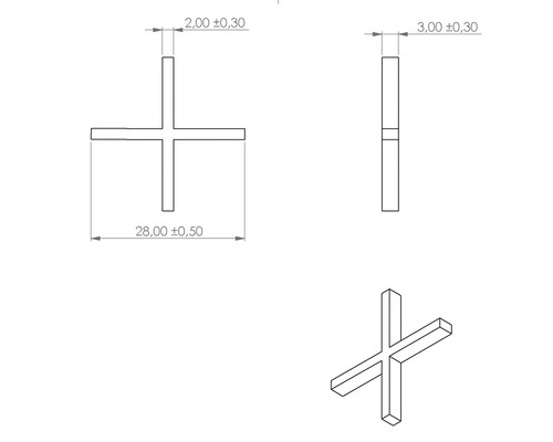 Technische Zeichnung eines Fugenkreuzes mit Maßangaben