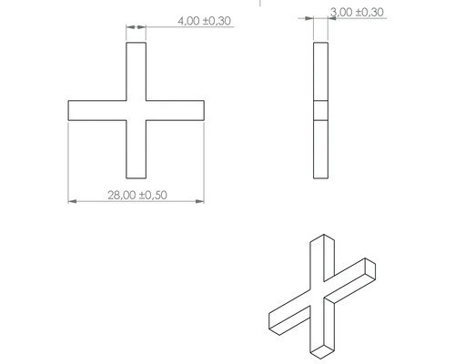 Technische Zeichnung eines Fugenkreuzes mit Maßangaben