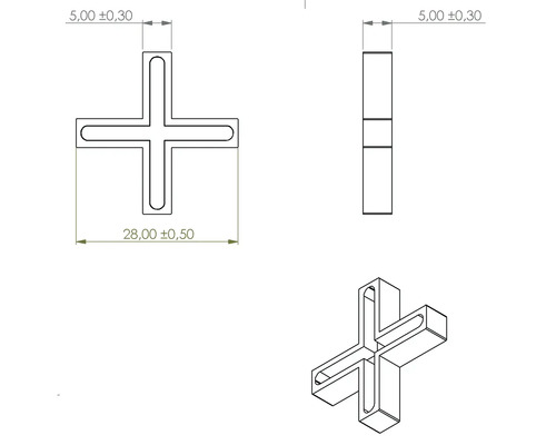Technische Zeichnung eines Fugenkreuzes für Fliesen mit Maßangaben