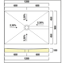 Technische Zeichnung einer Duschwanne mit Maßangaben