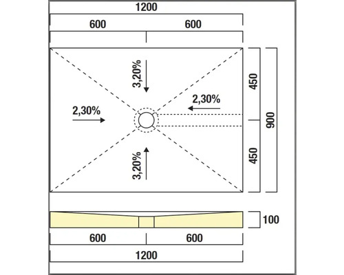 Technische Zeichnung einer Duschwanne mit Maßangaben