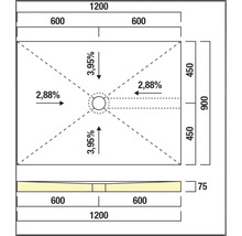Technische Zeichnung einer Duschwanne mit Maßangaben