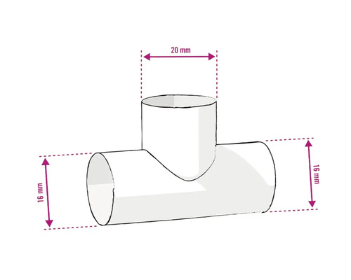 Abbildung eines T-Stücks mit den Maßen 16 mm und 20 mm