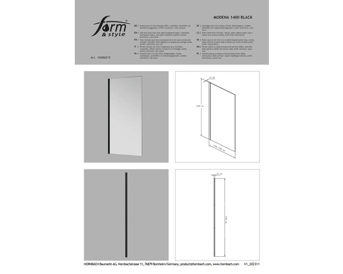 Modena 1400 Black Seitenwand mit 6 mm Klarglas, reversibel, Perleffekt und Schnellmontagesystem, Profil: Aluminium, mattschwarz