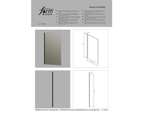 Seitenwand mit 6 mm Glas grau getönt, reversibel, Perleffekt und Schnellmontagesystem, Profil: Aluminium, matt schwarz