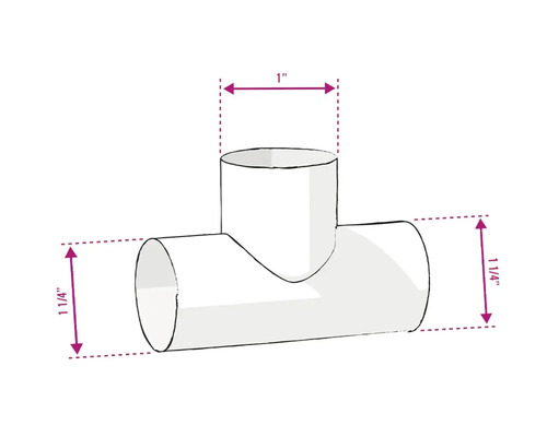 Abbildung eines T-Stücks mit den Massen 1 Zoll und 1 1/4 Zoll.