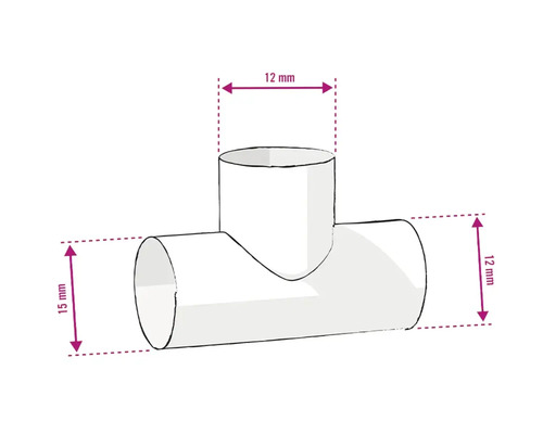 Abbildung eines T-Stücks mit den Maßen 12 mm und 15 mm.