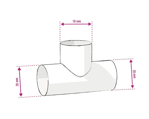 Abbildung eines T-Stücks mit den Maßen 16 mm und 20 mm.