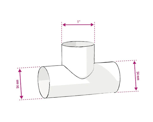 Illustration eines weißen T-Stücks mit den Maßen 54 Millimeter und 1 Zoll