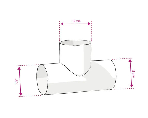 Abbildung eines T-Stücks mit den Maßen 16 mm und 1/2 Zoll