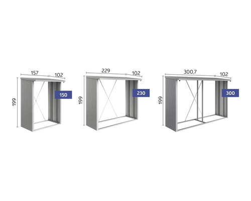 Abbildung von drei Gerätehäusern mit verschiedenen Größenangaben.