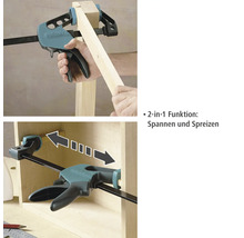 Wolfcraft Einhandzwinge im Einsatz zum Spannen und Spreizen von Holzwerkstücken.