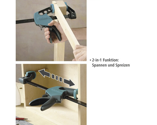 Wolfcraft Einhandzwinge im Einsatz zum Spannen und Spreizen von Werkstücken.