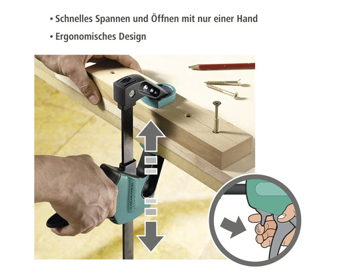 Wolfcraft Einhandzwinge im Einsatz zum Fixieren von Werkstücken.