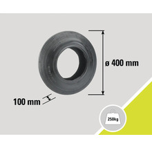 Schwarzer Reifen mit den Maßen 400 mm Durchmesser und 100 mm Breite, maximale Belastung 250 kg.