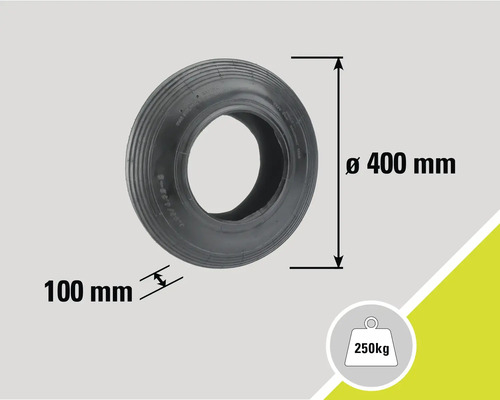Schwarzer Reifen mit den Maßen 400 mm Durchmesser und 100 mm Breite, maximale Belastung 250 kg.