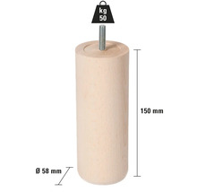 Holzmöbelfuß, zylindrisch, 150 mm hoch, Durchmesser 58 mm, Traglast bis 50 kg