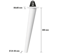 Einzelnes weißes Möbelbein mit den Maßen 300 mm Länge, 80 x 80 mm Platte und einem Durchmesser von 24 bis 48 mm